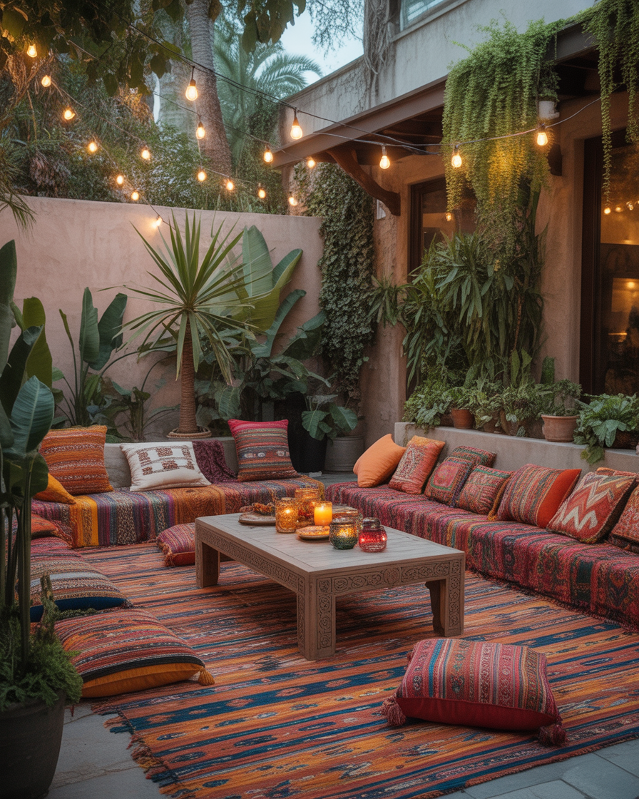 A cozy boho patio with vibrant throw pillows, floor seating, and string lights.