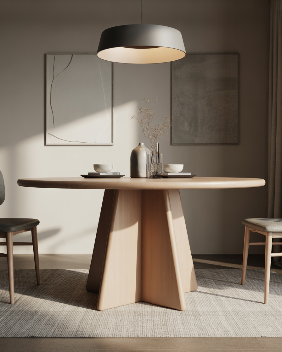 Unique pedestal dining table with a geometric base in a modern home.
