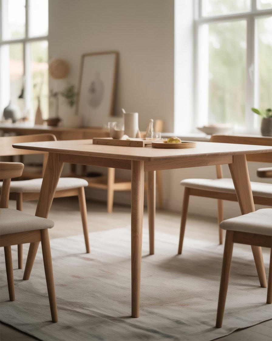Scandinavian-inspired dining table with tapered legs in a minimalist dining room.