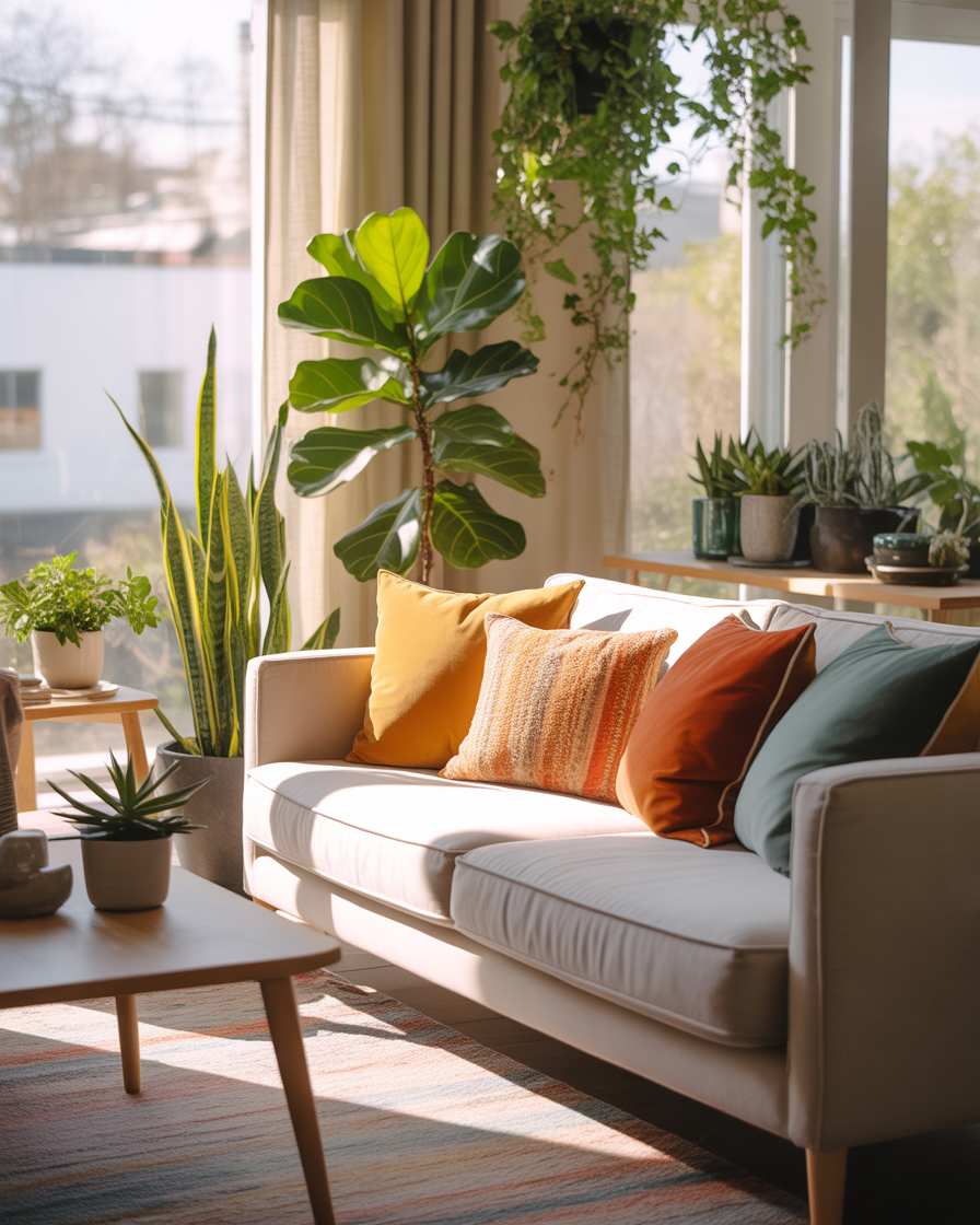  Family room with greenery, featuring a fiddle leaf fig and smaller potted plants.