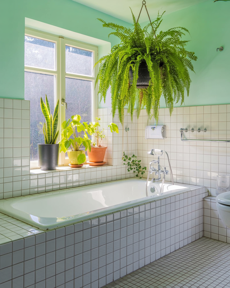 Bathroom decorated with humidity-loving plants.