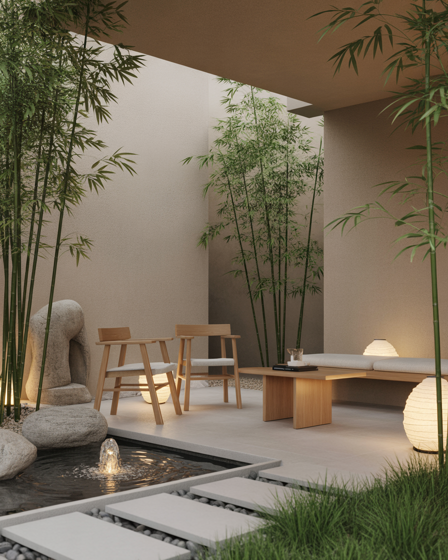A Zen-inspired patio with bamboo, stone, and a water fountain creating a peaceful retreat.