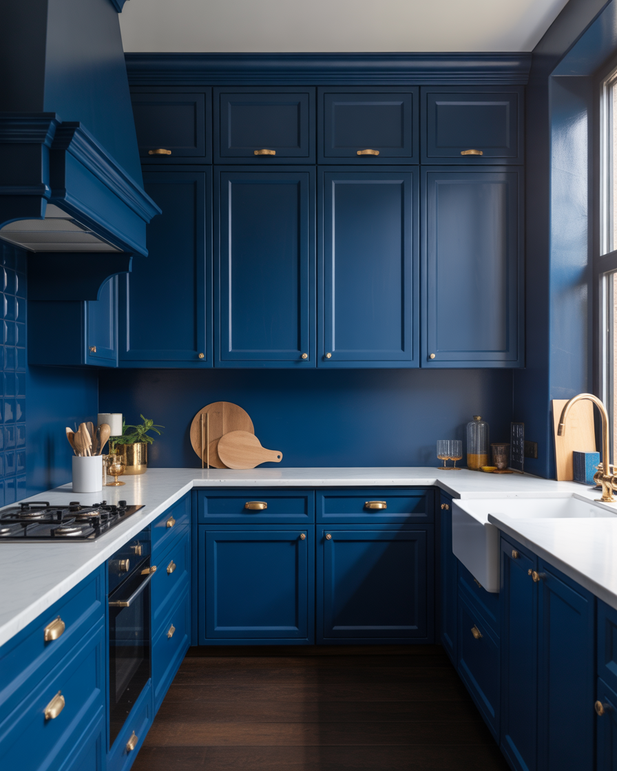 Indigo blue kitchen cabinets with white countertops and gold hardware creating a bold, artistic atmosphere.