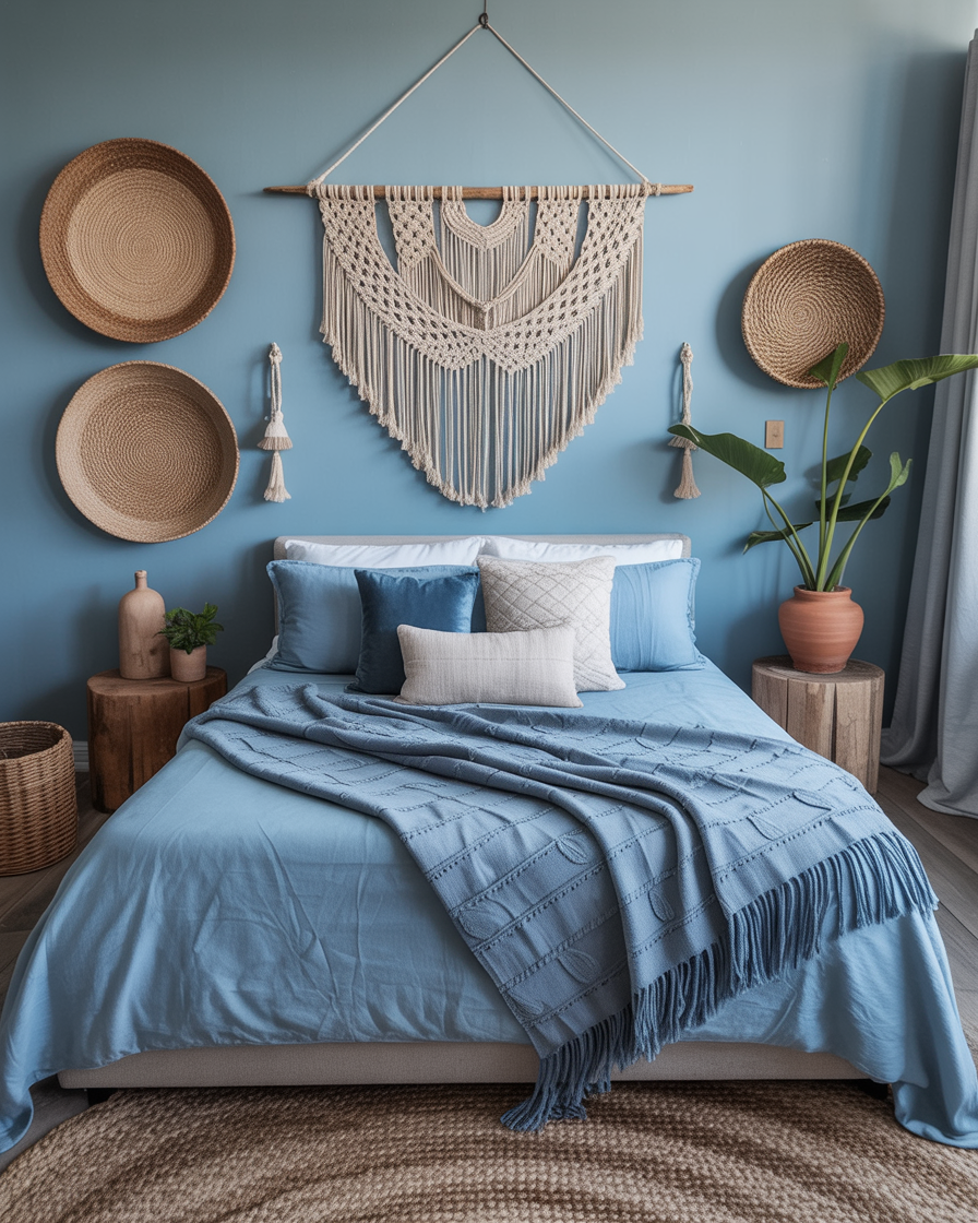 A blue boho bedroom featuring a stunning macrame wall hanging above the bed and woven wall decor accents.