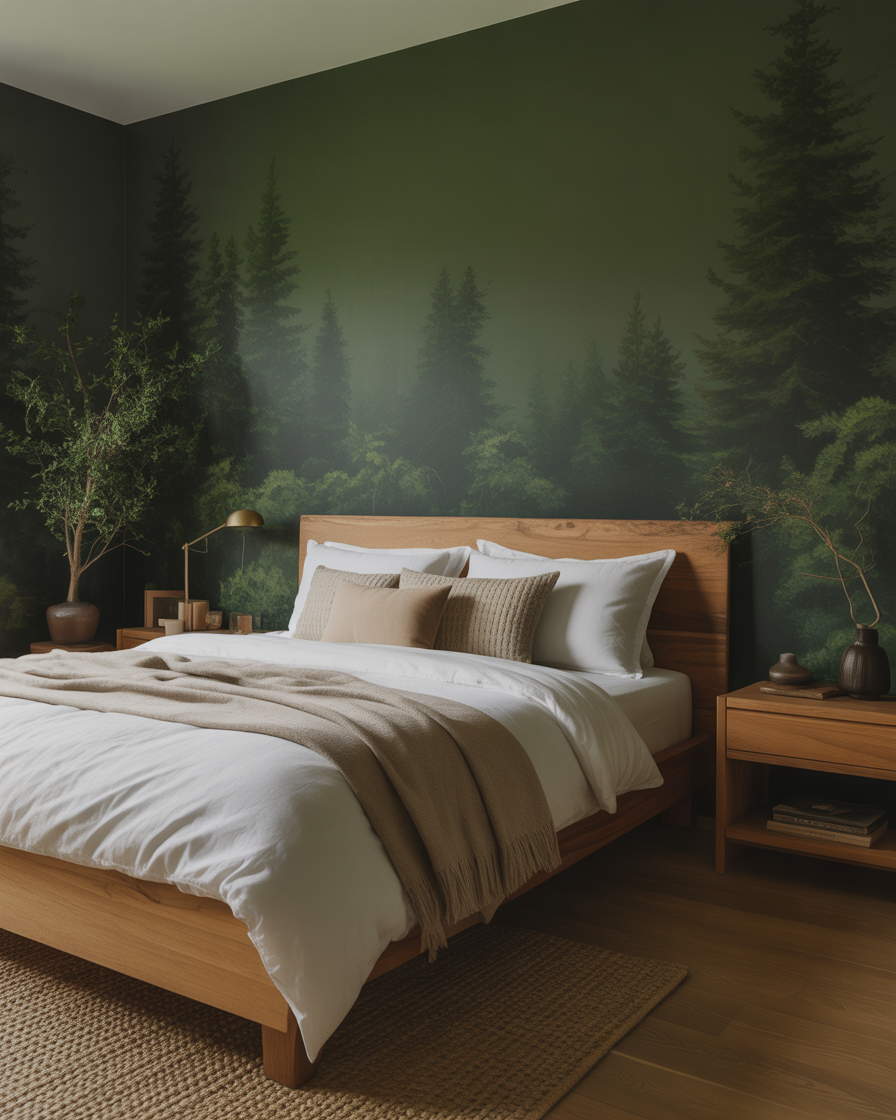 Calm and cozy bedroom with dark green tones and natural wood elements for a grounded vibe.