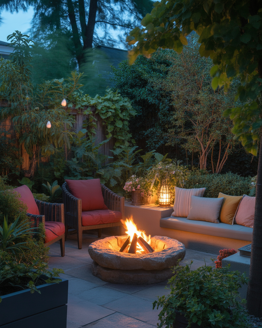 A natural stone fire pit with comfy seating in a cozy backyard patio at dusk.