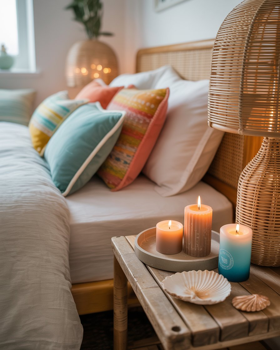 A boho coastal bedroom with scented candles and essential oils for a relaxing atmosphere.