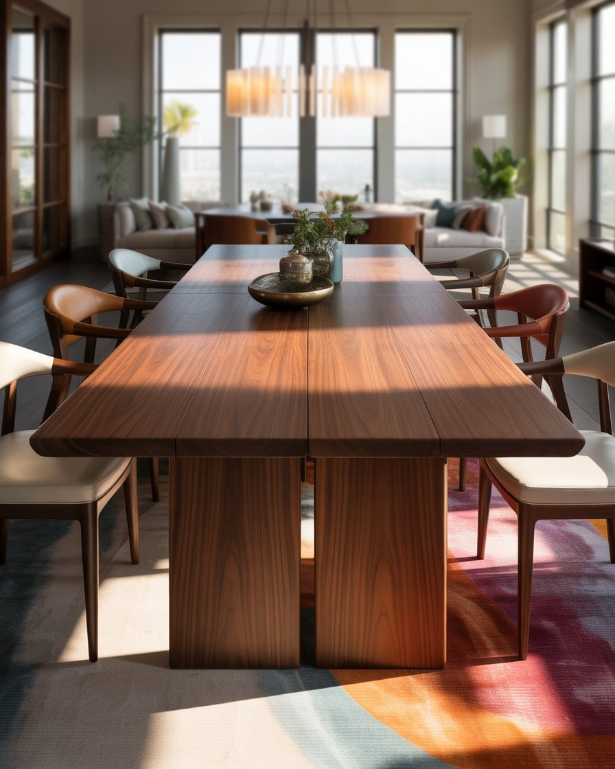 Large rectangular walnut dining table in a spacious dining room.
