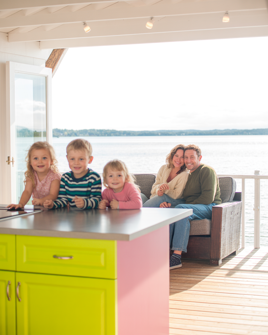 Family gathered in a warm, inviting lake house kitchen and living area