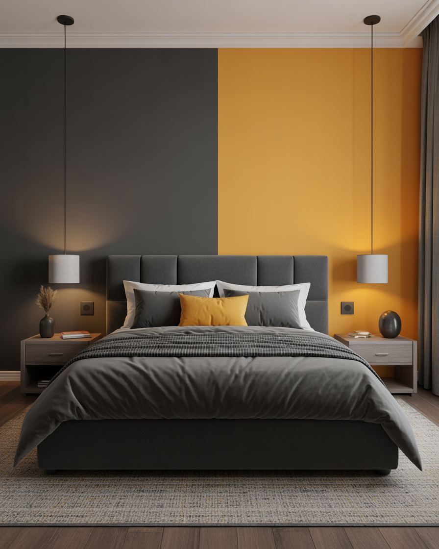 Contemporary master bedroom with charcoal and mustard yellow for a bold, modern feel.
