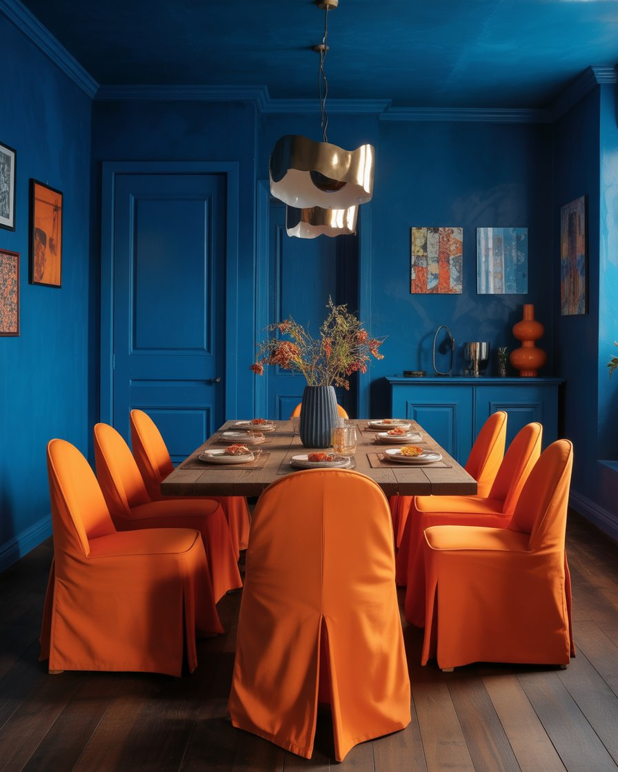 Eclectic dark blue dining room with vibrant orange chairs, perfect for gatherings.