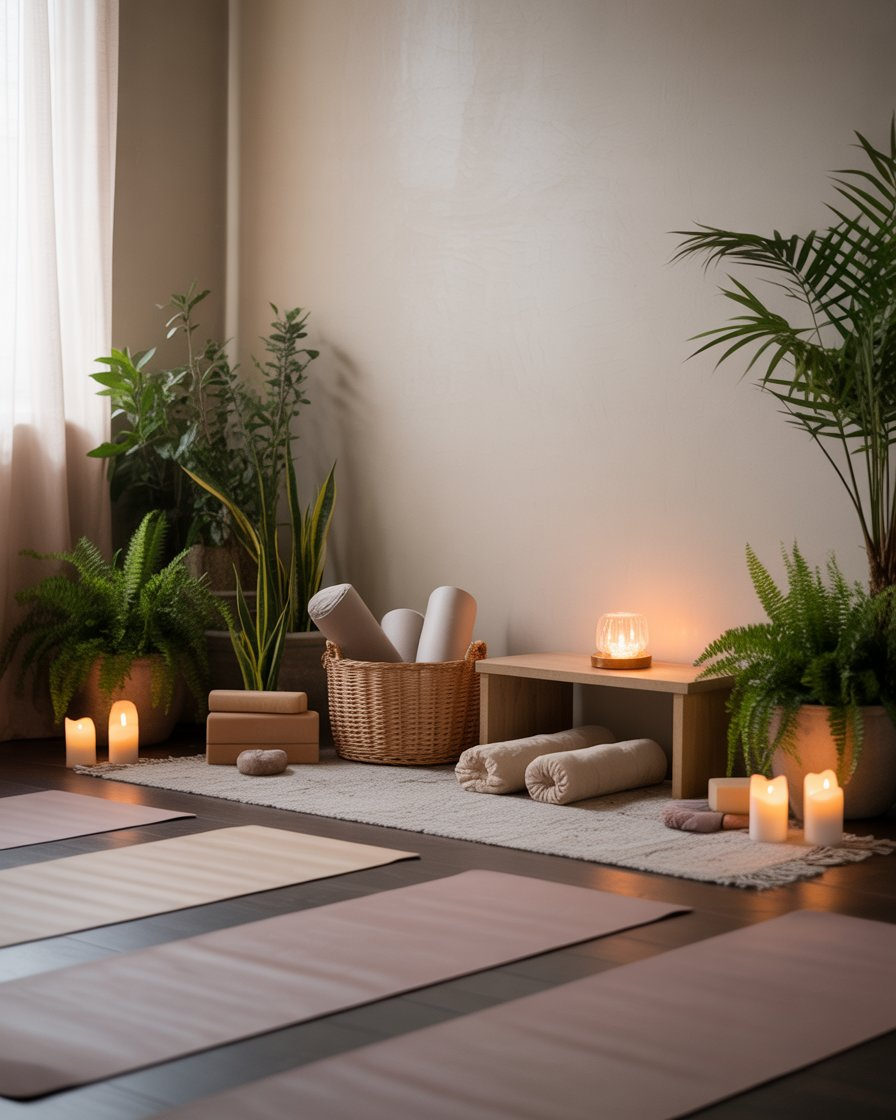 Yoga and meditation space with soft mats and plants.