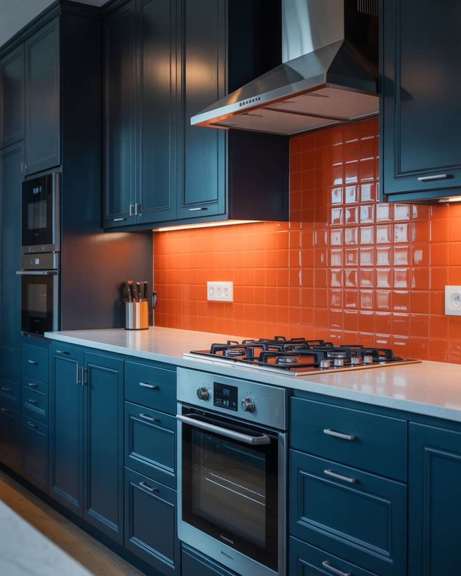 Sleek dark blue kitchen with a vibrant orange backsplash, creating a bold statement.