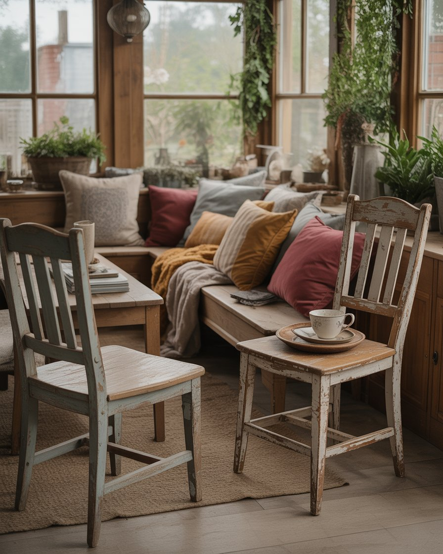 Vintage furniture with cushions in a cozy boho sunroom.