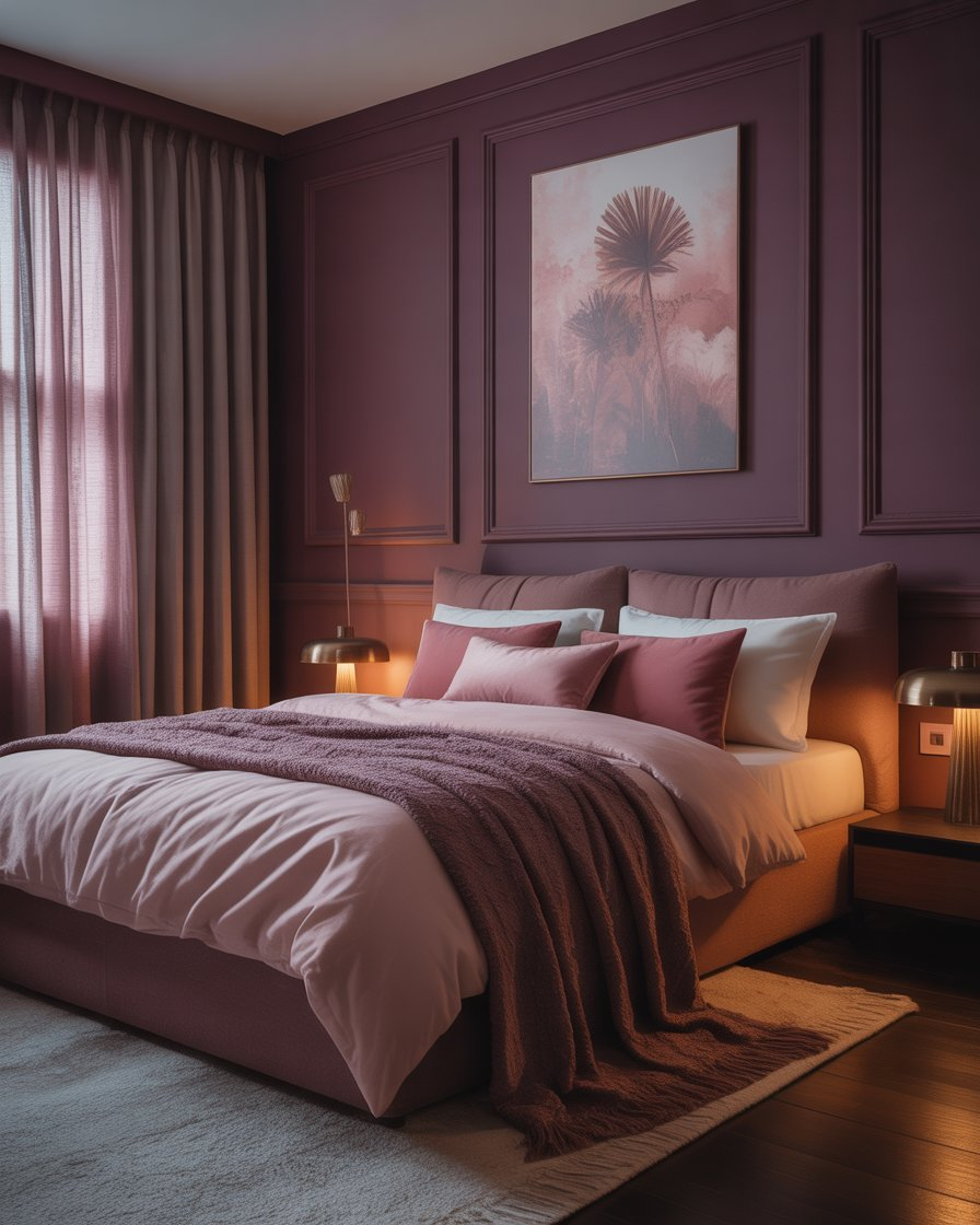 Elegant moody bedroom with deep plum tones and dusty rose accents for a rich and romantic feel.