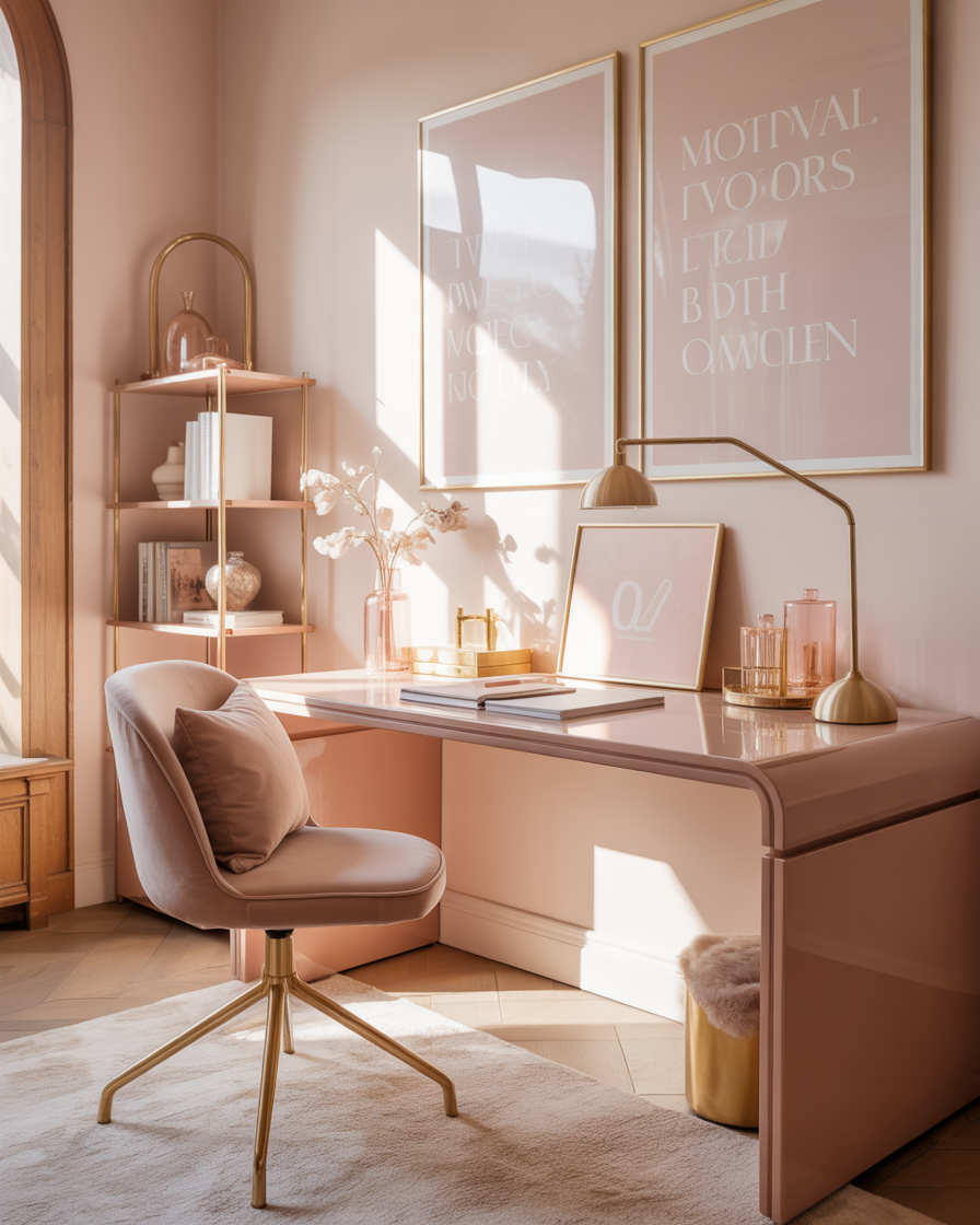 Chic home office with stylish desk and motivational art.