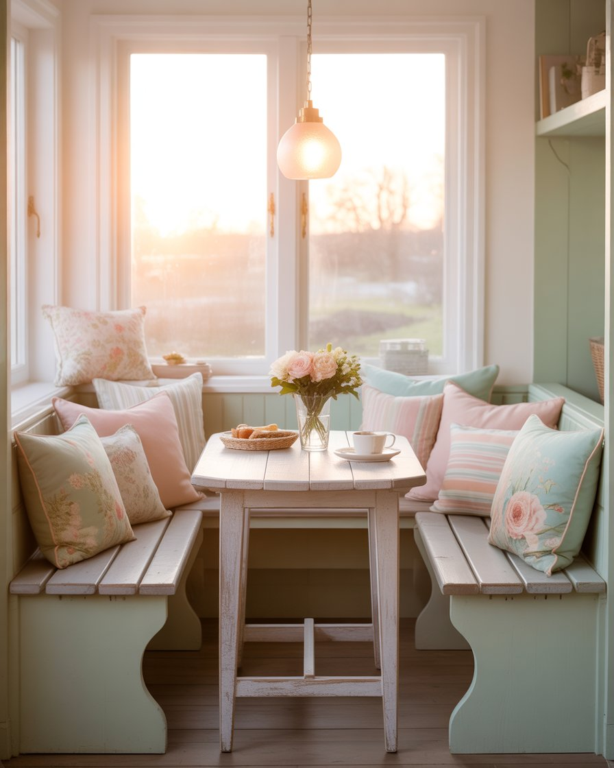 Cozy breakfast nook with bench and decorative pillows.