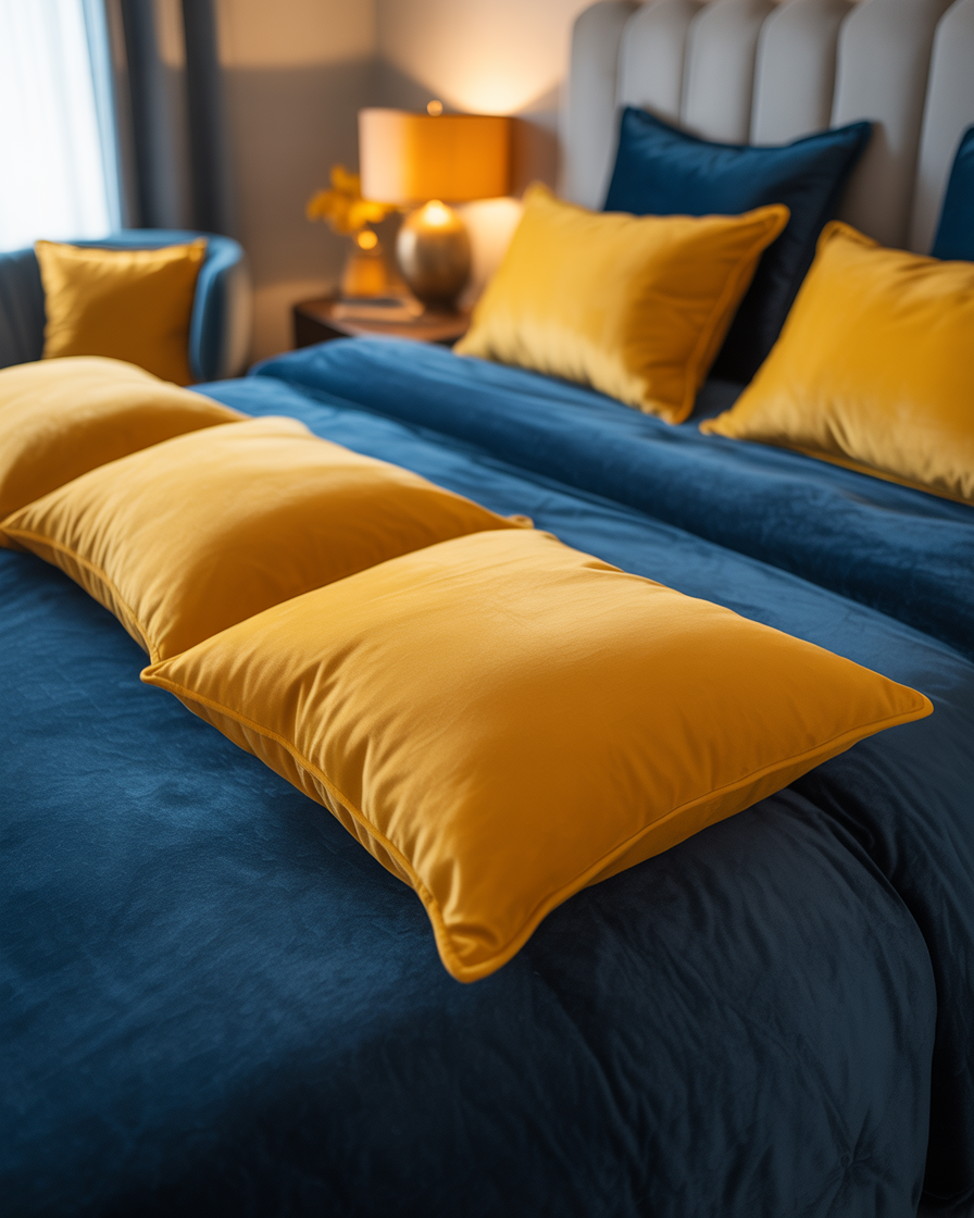 Mustard yellow throw pillows adding a pop of color to a navy blue bedroom.