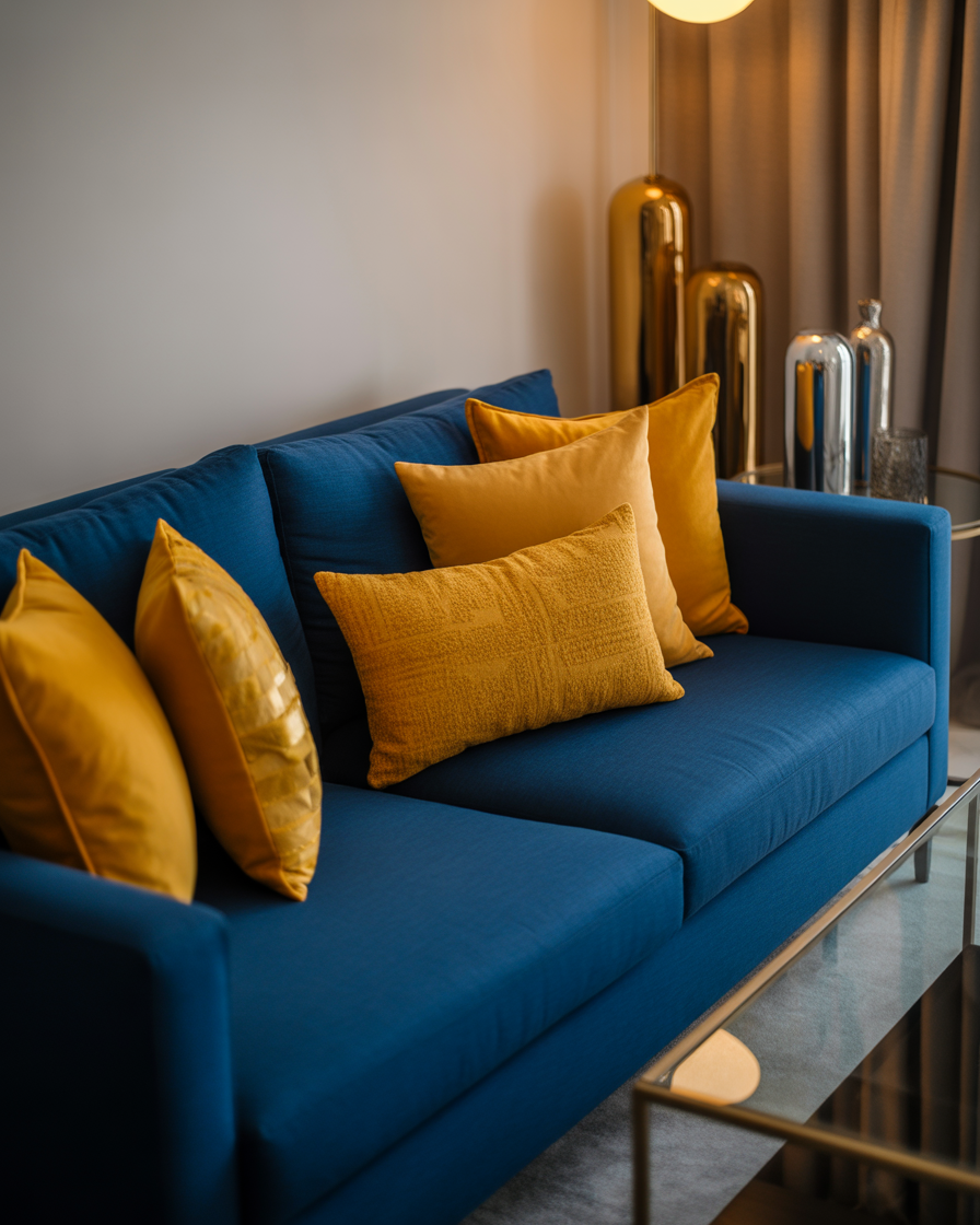 Textured mustard yellow pillows adding warmth to a navy blue sofa.