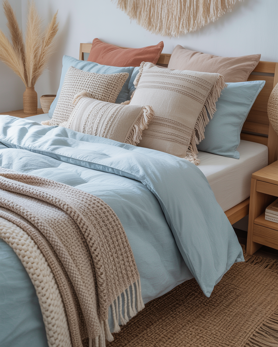 A boho bedroom with light blue bedding and textured throw pillows.