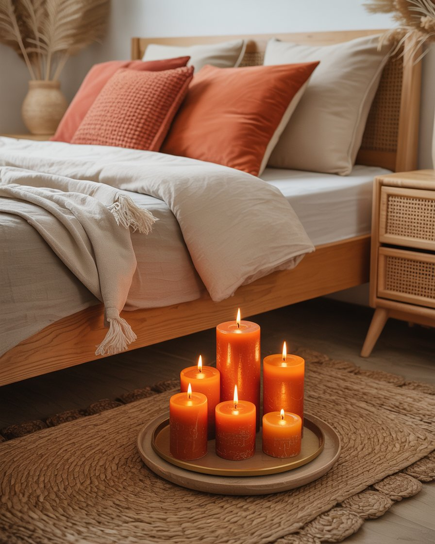 A boho bedroom with orange pillar candles creating a cozy, warm ambiance.