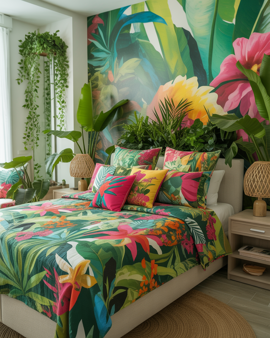  A tropical bedroom with bright colors, floral prints, and lush greenery for an exotic feel.