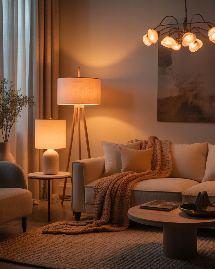 Cozy family room with warm, ambient lighting from table and floor lamps.