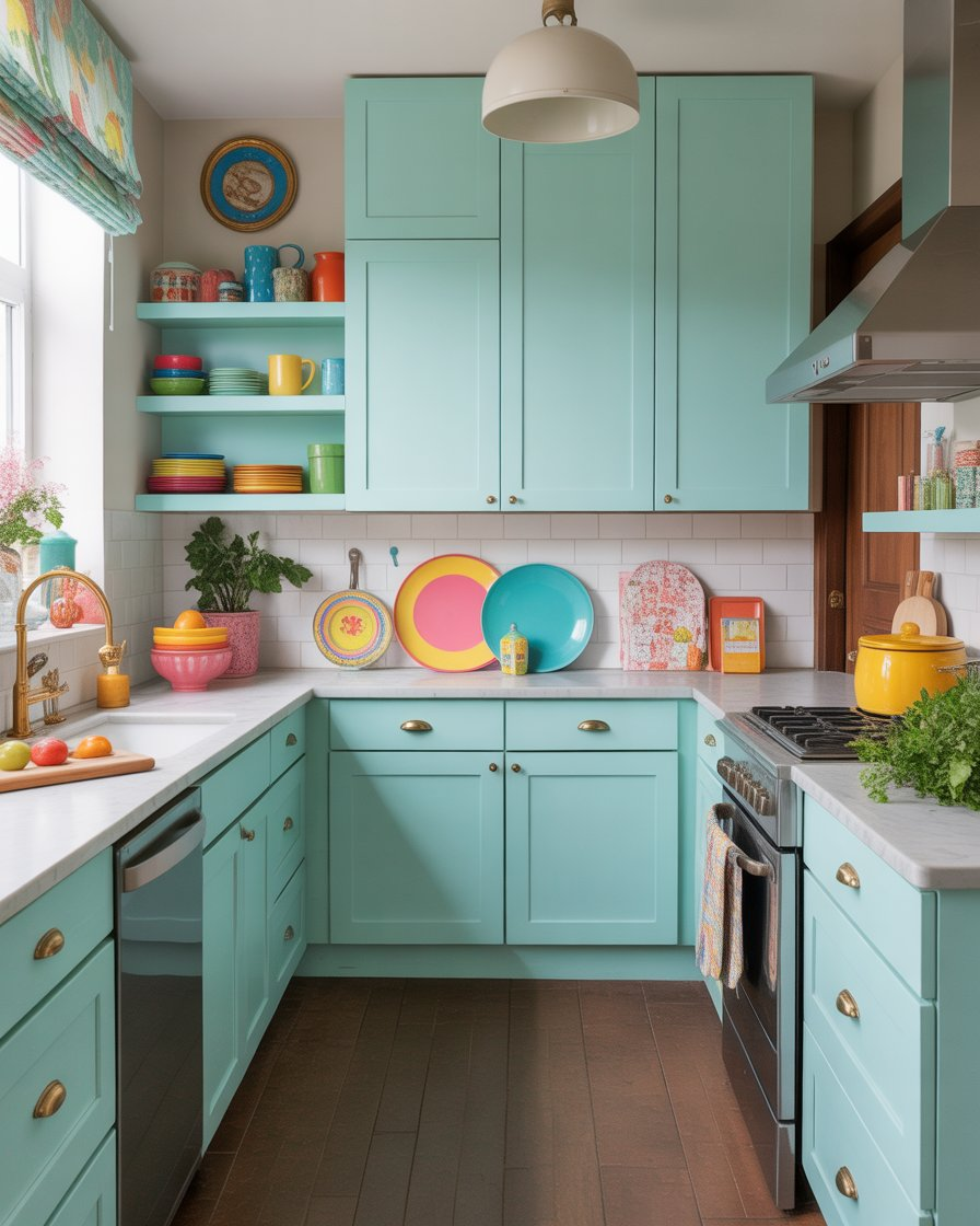 Mint blue kitchen cabinets with light countertops and vibrant accessories for a fun and playful kitchen atmosphere.