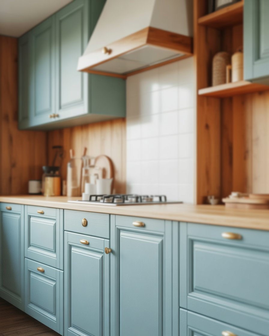 Powder blue kitchen cabinets paired with natural wood accents, giving the kitchen a warm, welcoming, and calming atmosphere.