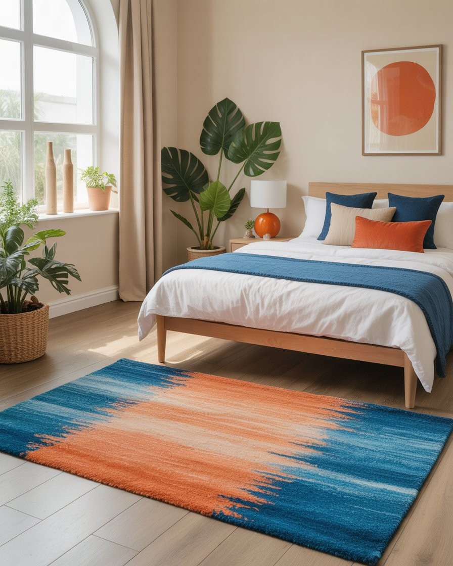 Vibrant area rug in electric blue and tangerine enhancing the room's decor