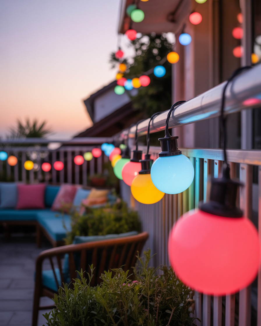 Romantic balcony with colorful globe lights, offering a fun and vibrant atmosphere."
