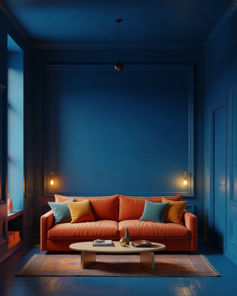 Lively dark blue living room with a burnt orange sofa, adding warmth and personality.