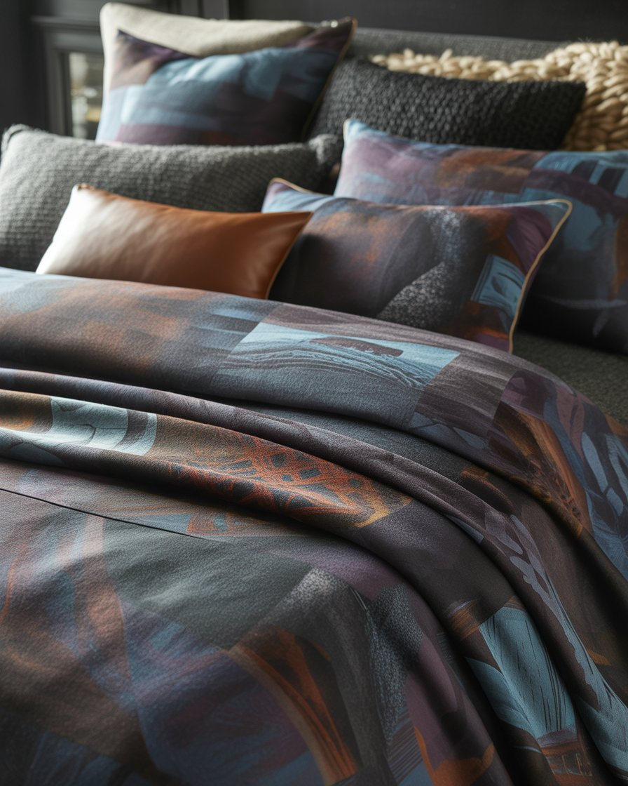 Stylish moody bedroom with textured patterns and rich materials adding depth and character.