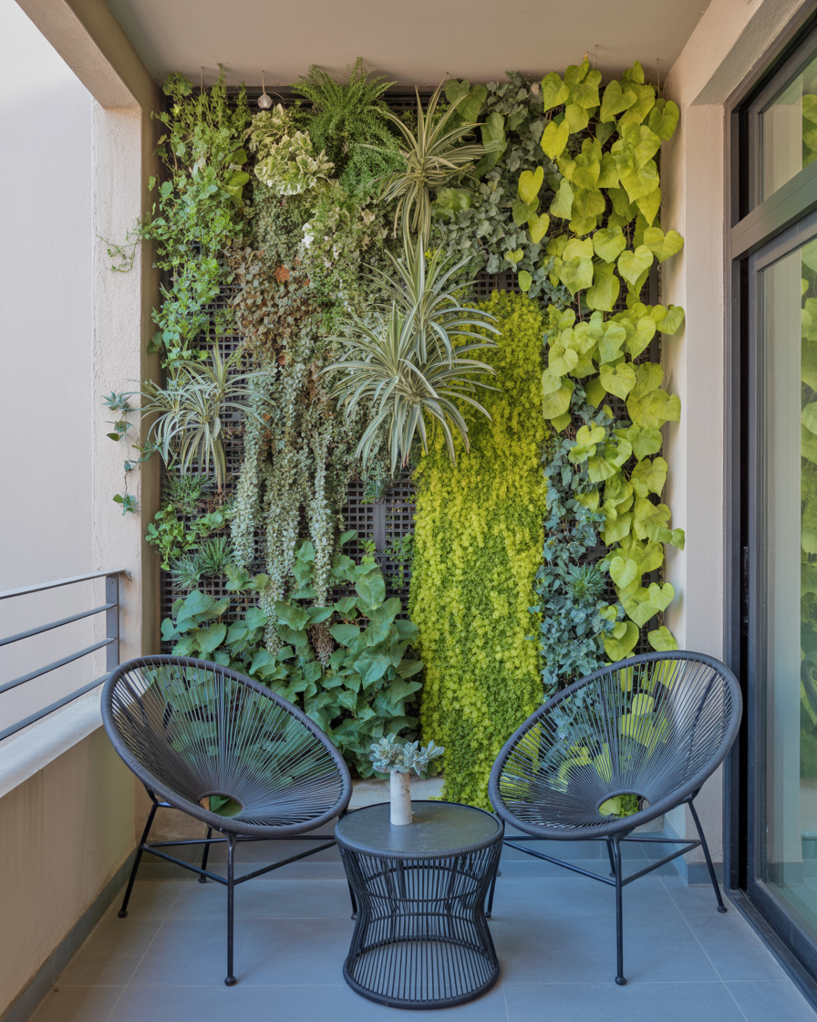 Luxe green wall in an urban balcony garden