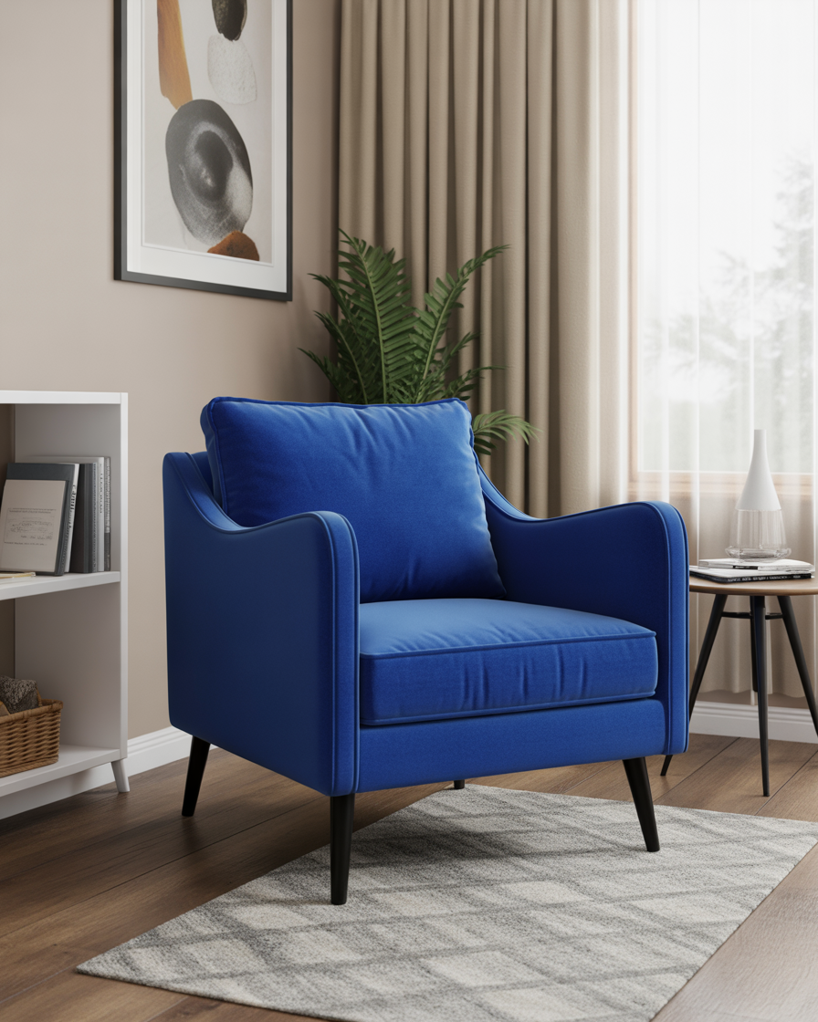 Electric blue accent chair adding color and style to the bedroom.