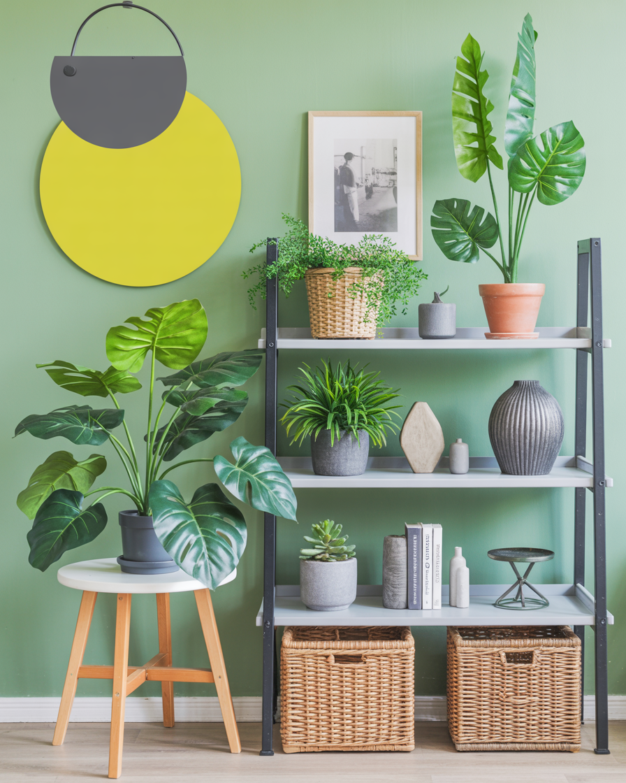 Mixed real and faux plants styled in a cozy room.