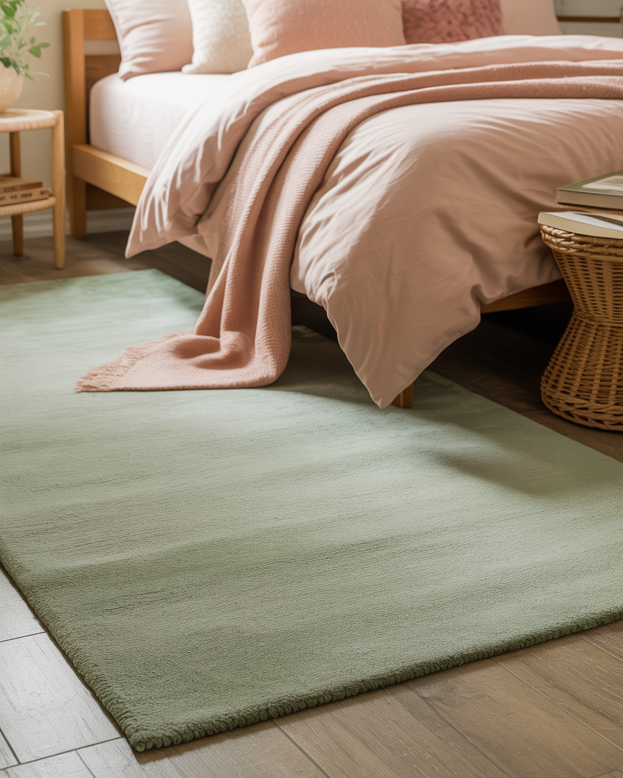 Bedroom featuring a sage green rug with blush pink decor.