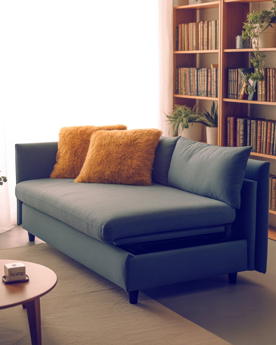Convertible furniture in a small living room for day-to-night use