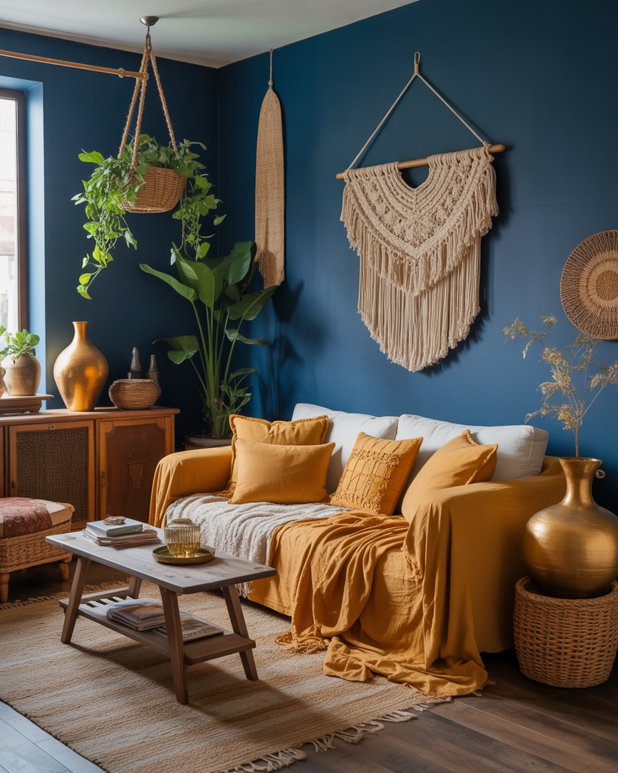 Boho-inspired bedroom with navy blue and mustard yellow creating a vibrant and relaxed atmosphere.