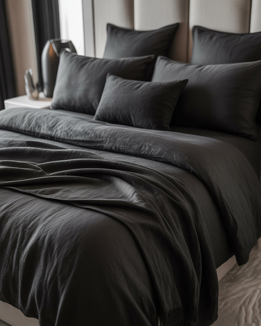 Monochrome black bedding layered for a bold, dramatic bedroom aesthetic.