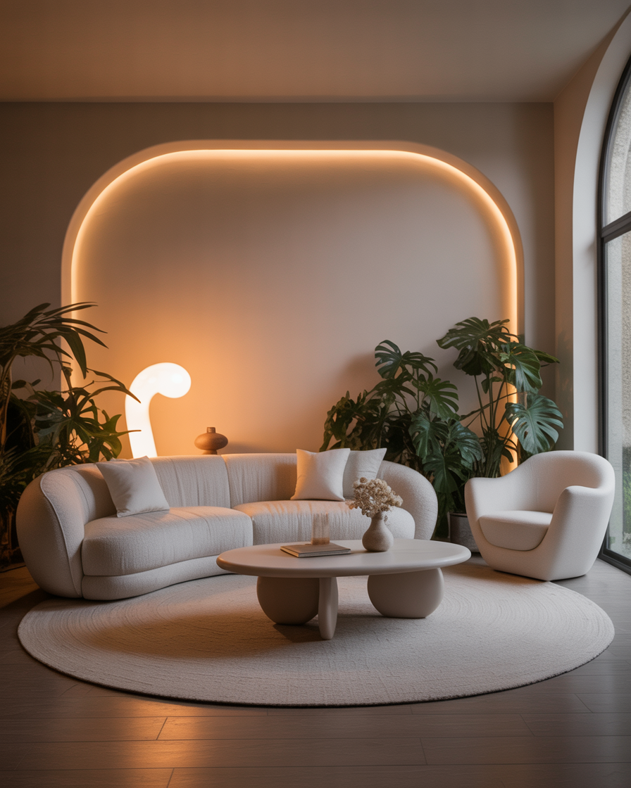 Living room with rounded furniture, including a curved sofa and sculptural chair, creating a soft, welcoming atmosphere.