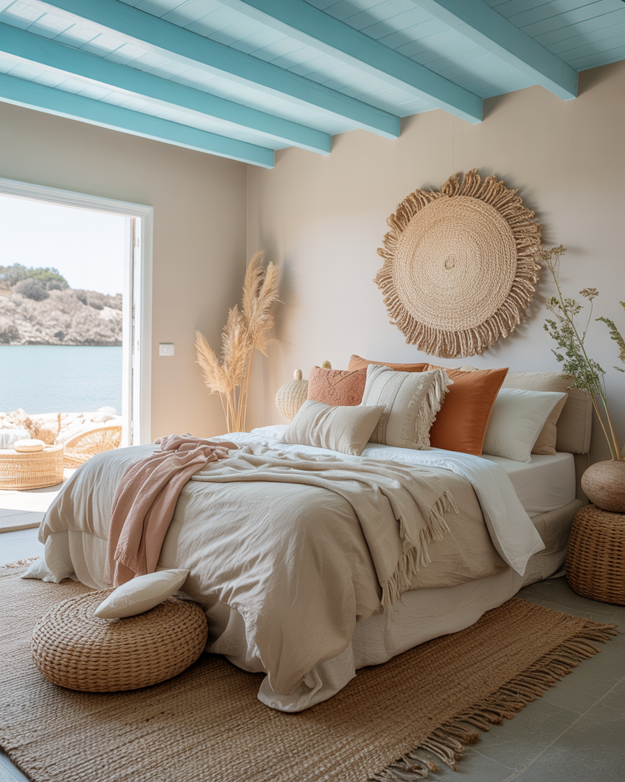 A boho bedroom with a dreamy light blue ceiling and relaxed decor