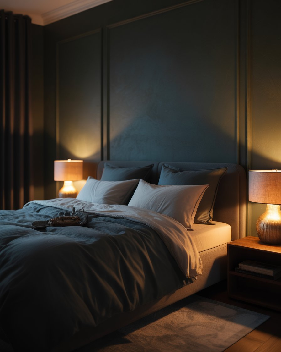 Moody bedroom with warm lighting casting a soft glow over deep-toned walls for a cozy feel.