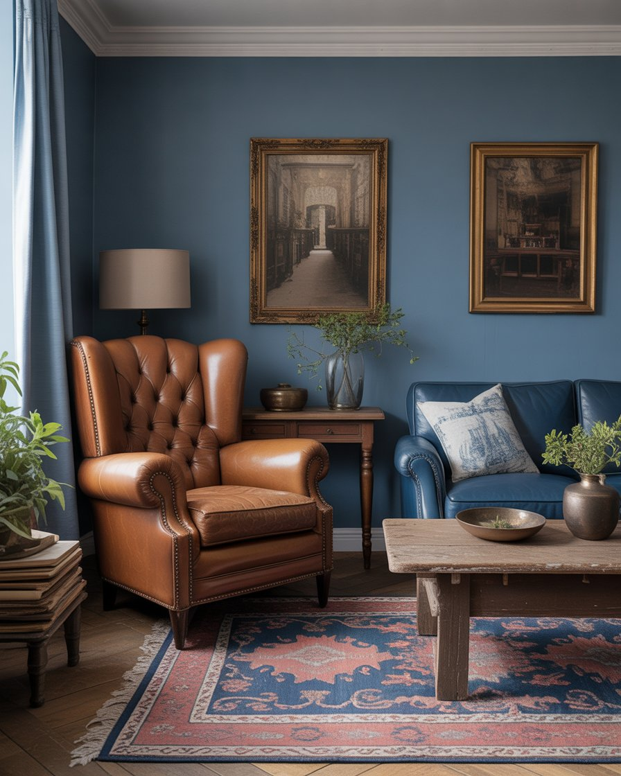 Vintage-inspired living room with blue and brown elements adding character and charm.