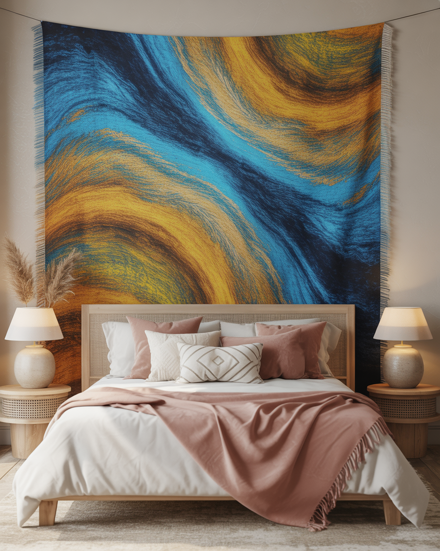 Blue and yellow boho wall tapestry creating a colorful focal point in the bedroom.