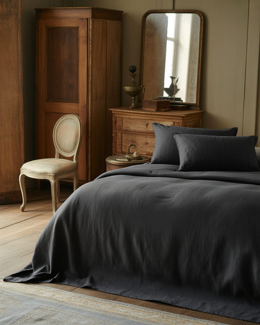 Black linen bedding in a vintage-inspired room with antique furniture for a classic, timeless aesthetic.