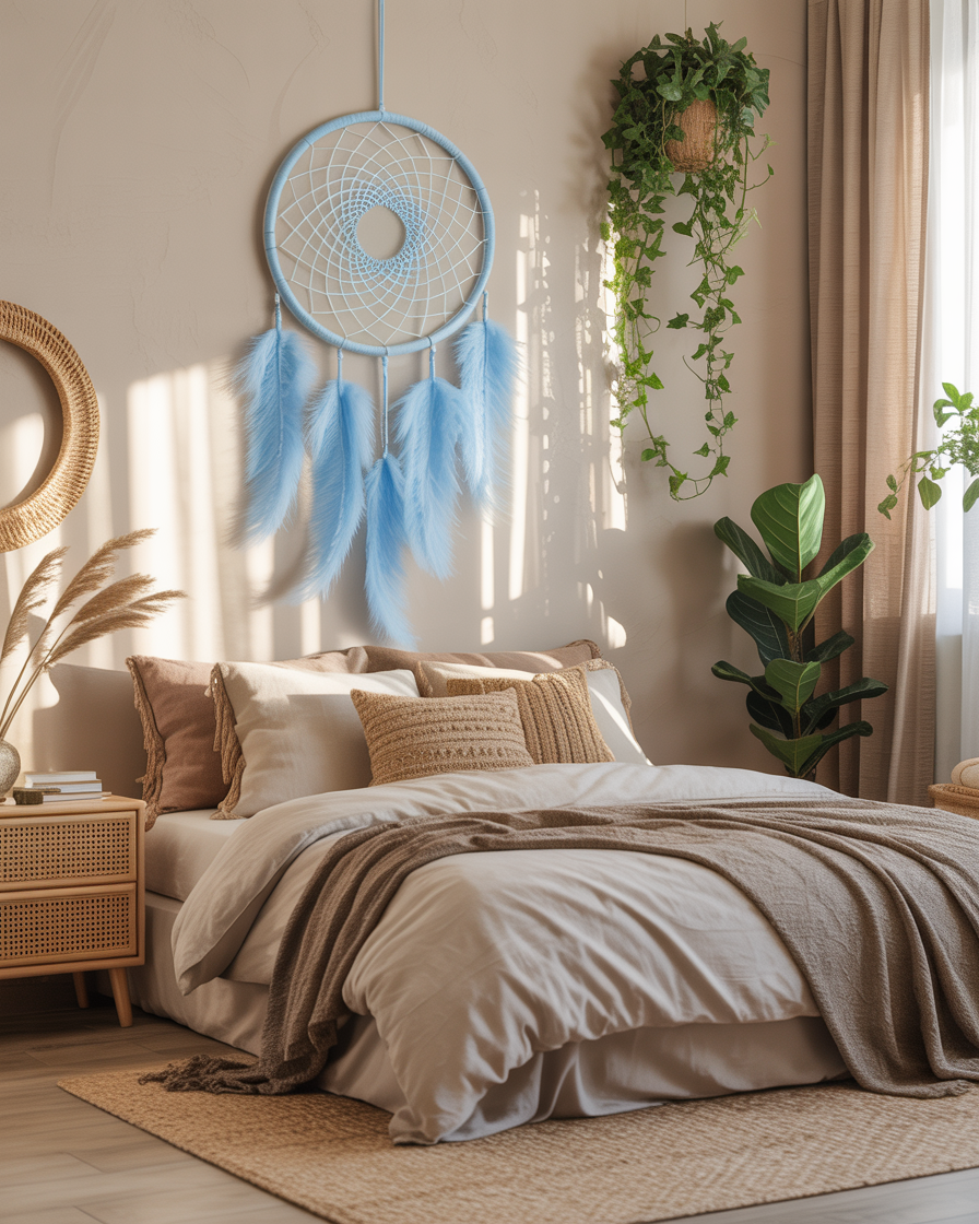 A boho bedroom featuring a light blue dreamcatcher above the bed.
