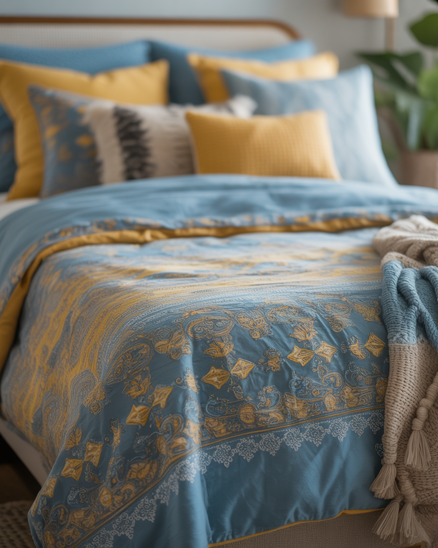 Luxurious blue and yellow bedding creating a boho-inspired bedroom retreat.