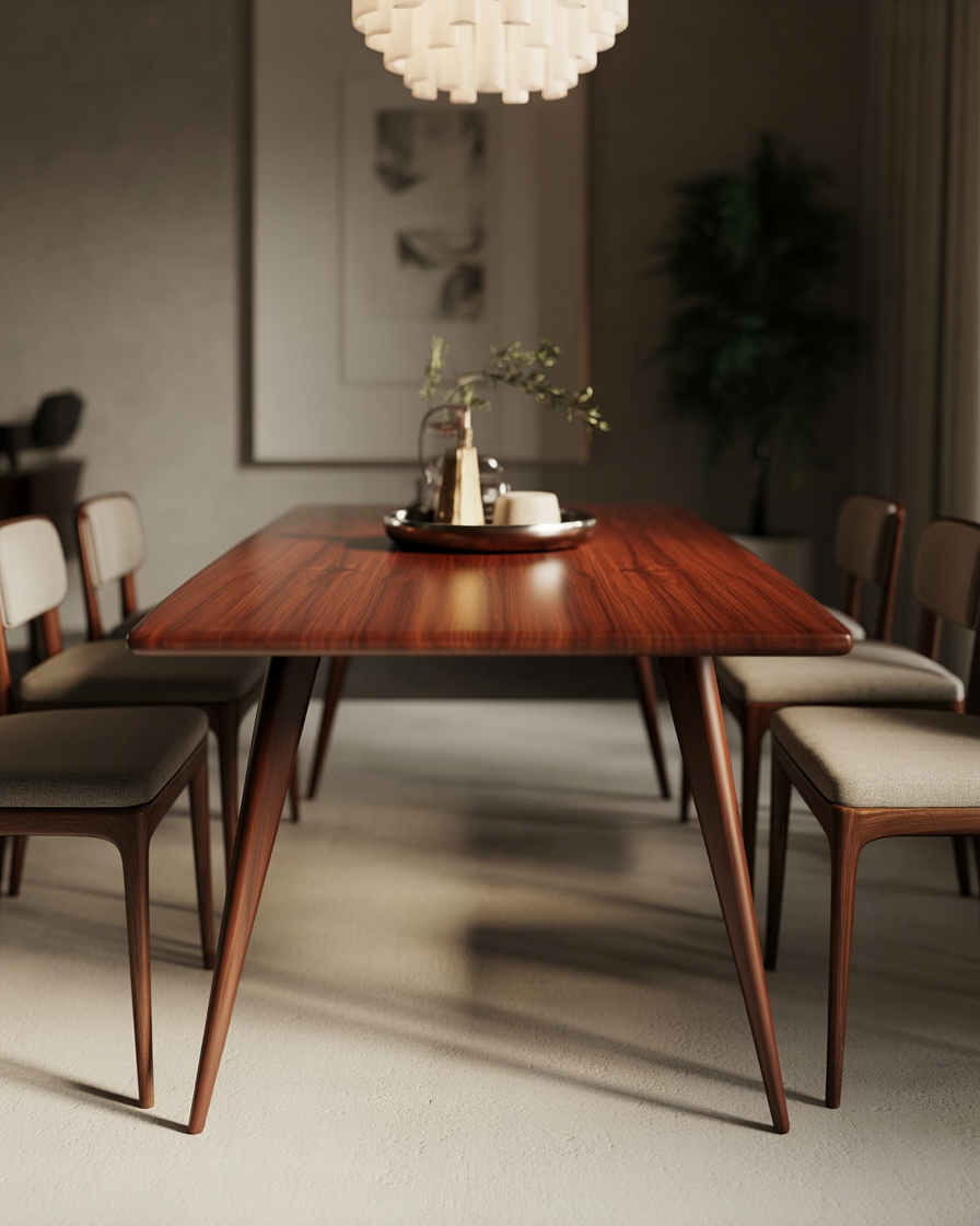 Rectangular dining table with enameled metal legs and wooden top in a spacious modern dining room.