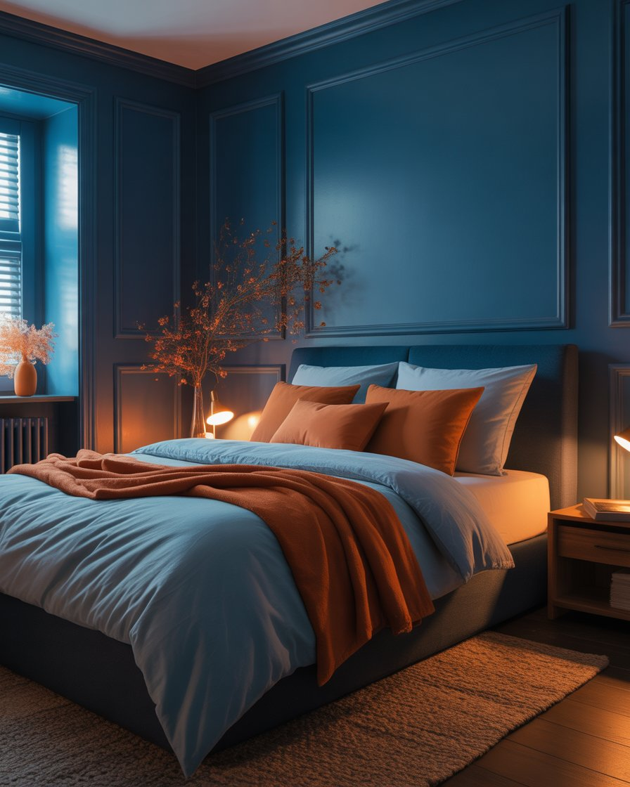 Cozy dark blue bedroom with burnt orange accents, offering a peaceful yet lively retreat.